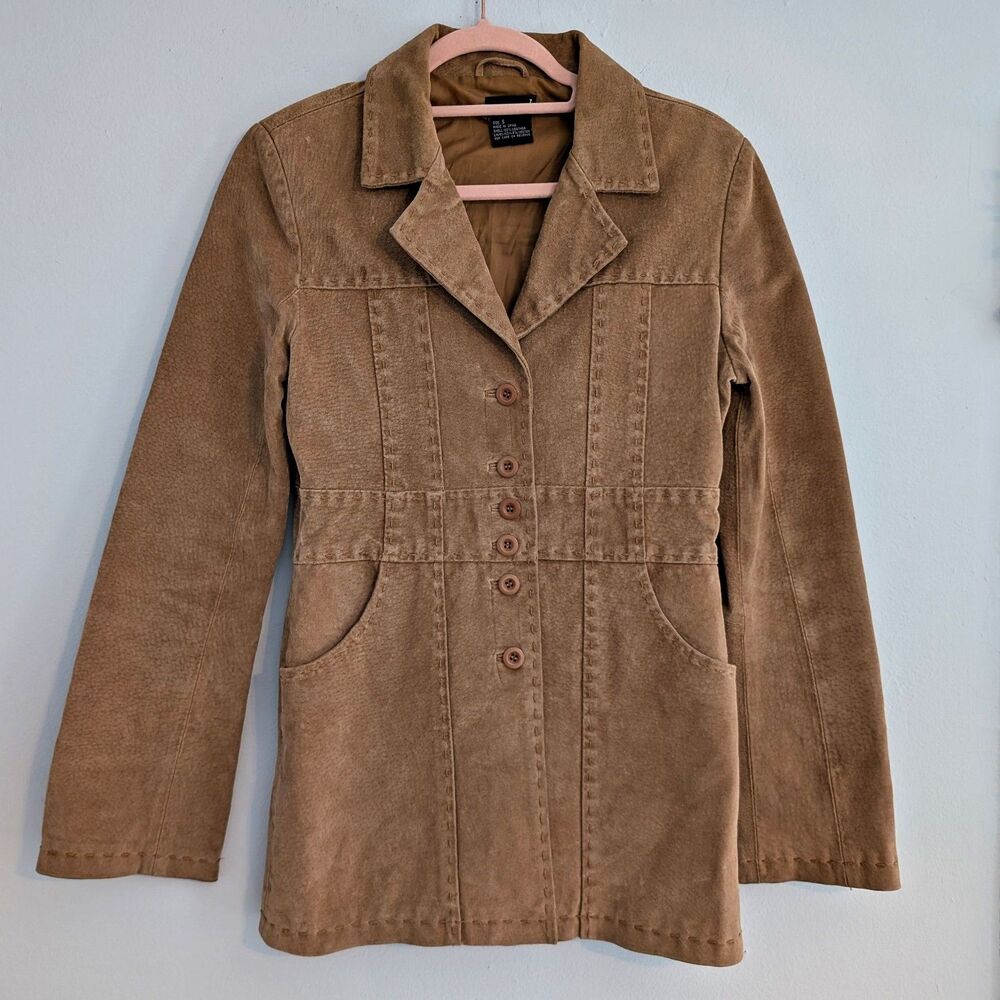 Vintage 90s Wet Seal Suede Jacket Tan Leather Stitching Size Small
